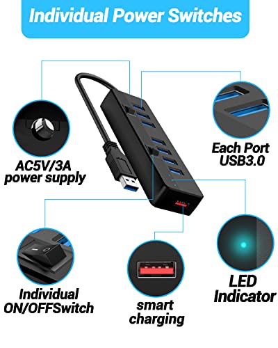 soldes Hub USB 3.0 Alimenté (5V/3A), 7 Ports USB 3.0 Splitter + 1 Ports Charge Intelligente Multiprise avec des commutateurs et des LEDs d´alimentation individuels pour MacBook, Ordinateur Portable Windows OQal8qv1Z mode