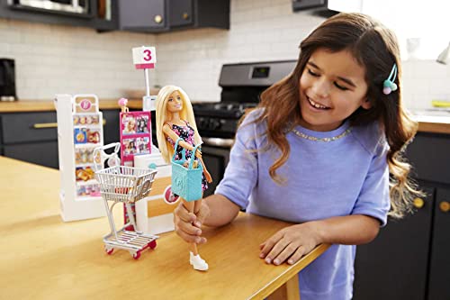 acheter Barbie Mobilier Coffret Supermarché fourni avec poupée à robe fleurie, rayon de marchandise, caisse et accessoires, jouet pour enfant, FRP01 1GU7bZxyA meilleure vente