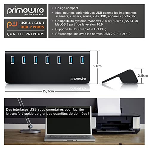 Promo Primewire - Hub 7 Ports USB 3.0 Actif - USB 3.2 Gen.1 Hub USB 3.0 alimenté multiprise USB Dock – Hub 7 en 1 pour PC Laptop Notbook Ultrabook MacBook - SuperSpeed jusqu´à 5 Gbps - Aluminium Anthracite XTL7ch6sj véritable contre
