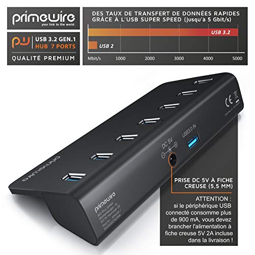 Promo Primewire - Hub 7 Ports USB 3.0 Actif - USB 3.2 Gen.1 Hub USB 3.0 alimenté multiprise USB Dock – Hub 7 en 1 pour PC Laptop Notbook Ultrabook MacBook - SuperSpeed jusqu´à 5 Gbps - Aluminium Anthracite XTL7ch6sj véritable contre